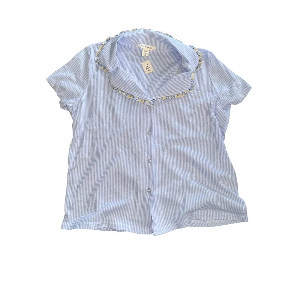 Laura Ashley Womens Blue White Seersucker Stripe Pajama Set Shorts Top M NWT